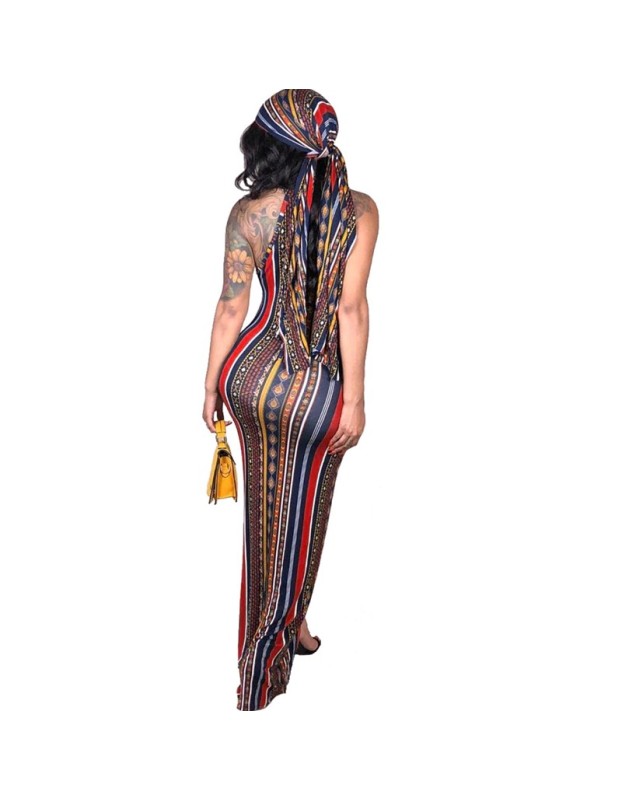High Stretch Sexy Striped Bodycon Dress With Head Scarf M8288