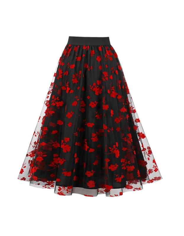 Mesh Double Flocking Floral Skirt With Waist Floral Print Women Full Skirt 5047