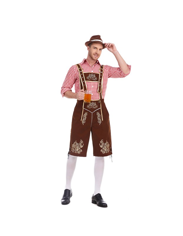 German Traditional Oktoberfest Plaid Shirt Men Beer Suspender Suit Costume YM3645