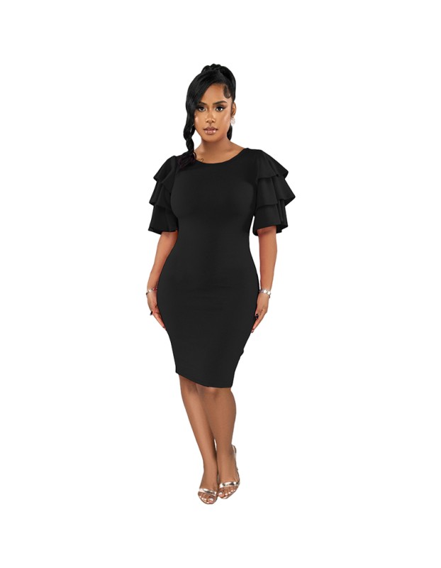 New Style Commuter Square Collar Short Sleeve Solid Color Slim-Fit Dress 9423