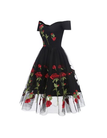 Vintage Black Dress with Red Roses M30411