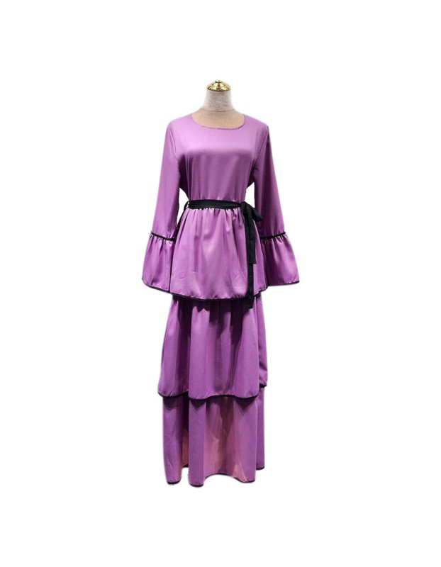 Plus Size Waist Strap Cake Flared Long Sleeve Black And White Casual Dress 1912