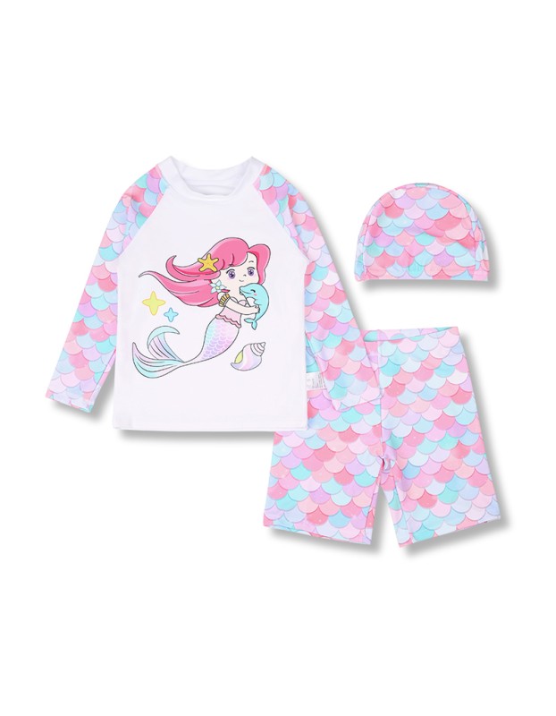 Children's Swimsuit Mermaid Separate Set Long Sleeve Fish Scale Shorts Girls Swimsuit KF207