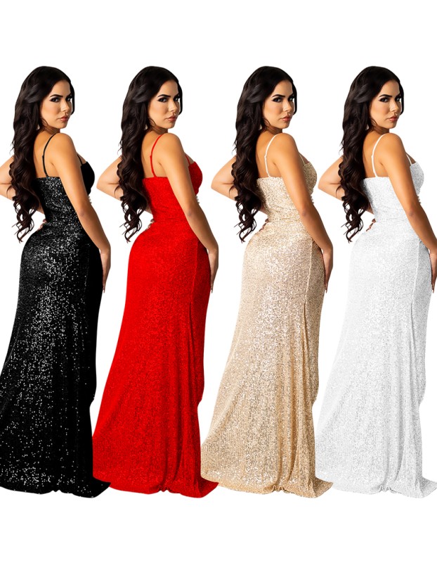 Fork Hot Drilling Bead Mesh Evening Gown Elegant Ladies Dresses X5263