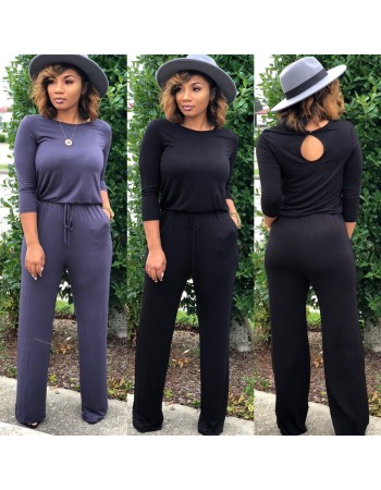 Women fashion soild color long sleeve loose causal jumpsuit m8303