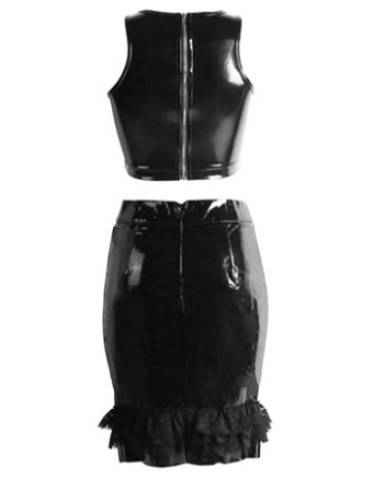 Women Sexy Black Leather Two Pcs Dress M7272