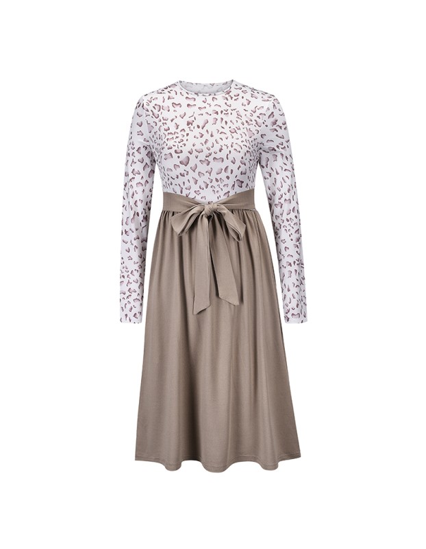 Leopard Print Plaid Long Stitching Body Lace Up Ladies Evening Jersey Dress LQ169