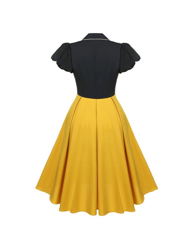 Contrast Color Christmas Formal Dovetail V-neck Puff Sleeves Dress CD1789