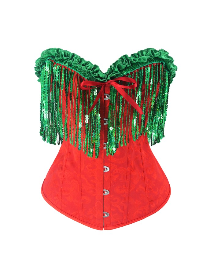 Women Christmas Corset Bustier Top with Sequin Tassels Gothic Party Night Korsett Christmas Costumes