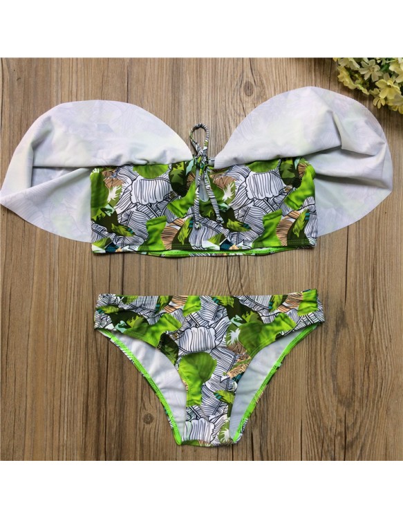 Green Leaf Printed Sexy Off Shoulder Two-pieces Swimsuit M11846