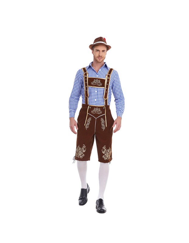 German Traditional Oktoberfest Plaid Shirt Men Beer Suspender Suit Costume YM3645