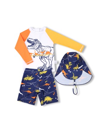 Three-Piece Children's Swimsuit Protection Cartoon Dinosaur Print Short-Sleeved Boy's Swimsuit KF212