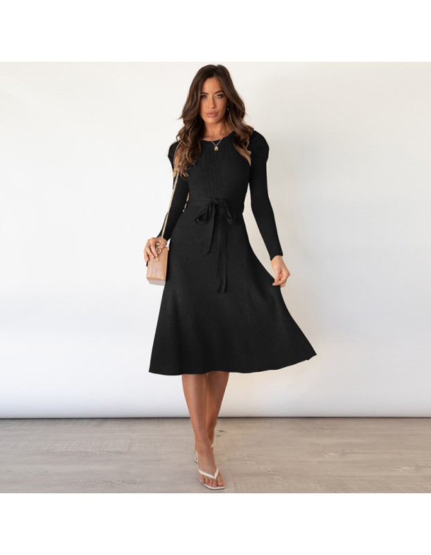 Mid-Length Wool Knit Puff Sleeve Casual High Waisted Loose Fall Dresses LQ163