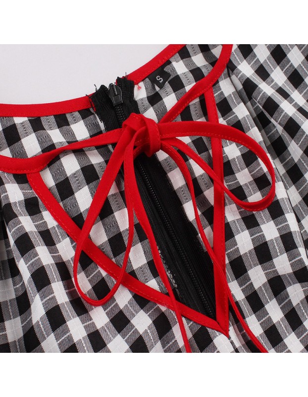 Women Retro Dress Black And White Check Belt Slimming Casual Dress 5039
