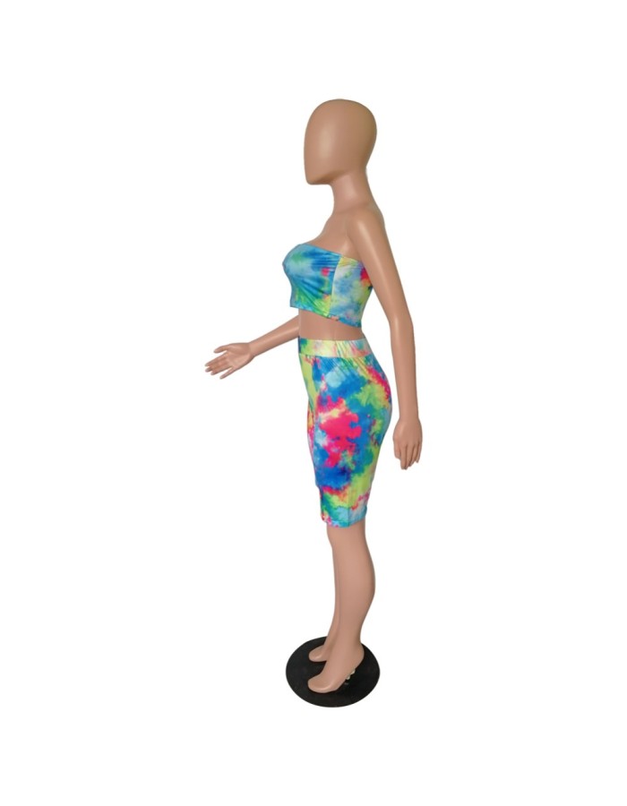 Women Sexy Two Piece Set Colorful Print Tube Top And Knee Length Pants m8418