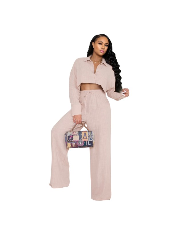 Women's Autumn Simple Solid Color Shirt Wide Leg Straight Pants Casual Suit YM8628