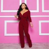 Womens Solid Sexy Deep V Neck Full Sleeve Jumpsuits Belt M9202