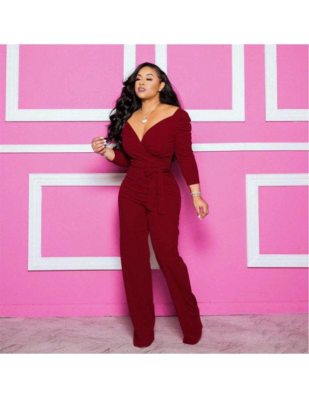 Womens Solid Sexy Deep V Neck Full Sleeve Jumpsuits Belt M9202