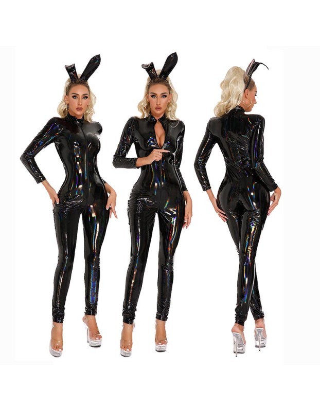 Leather Open Crotch Jumpsuit Shiny Magic Dead Bank Sexy Uniform Bodysuit XX6903