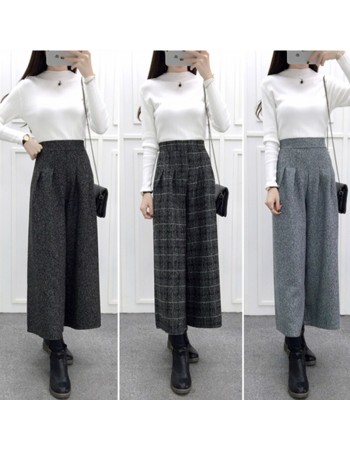 Autumn Winter Woolen Plaid Wide Leg Pants FG154