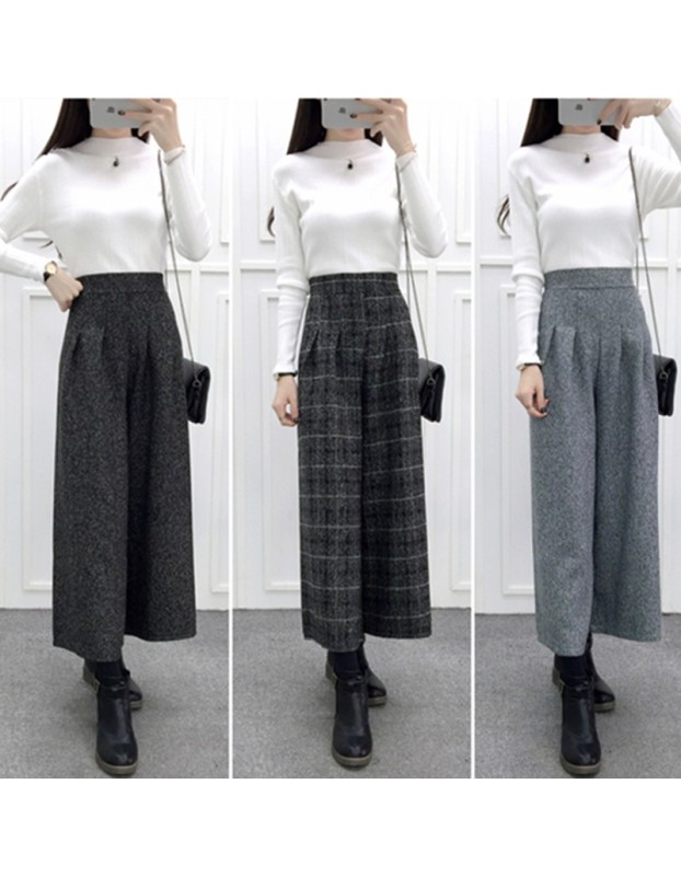 Autumn Winter Woolen Plaid Wide Leg Pants FG154