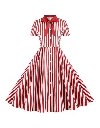 Spot Goods Bow Print Party Slim Striped Casual Summer Midi Dresses JY14771
