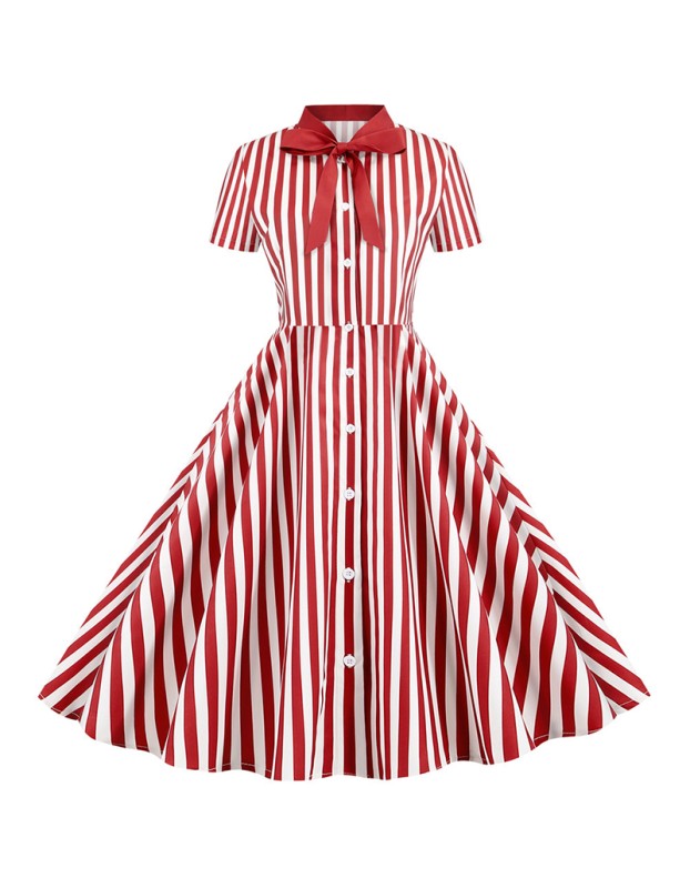 Spot Goods Bow Print Party Slim Striped Casual Summer Midi Dresses JY14771