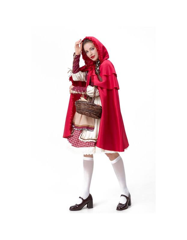 Halloween Maid  Adult Red Plaid Dress Cosplay Red Cape Play Costume YM8735