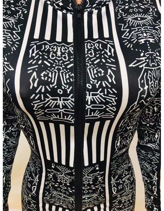 Autumn Long Sleeve Elasticity Skinny Print Vintage Jumpsuit M8486