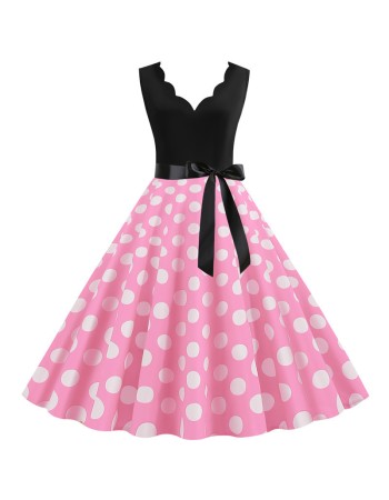 Burnt Polka Print Dot Office Wear Sleeveless V-neck White Dress JY14721