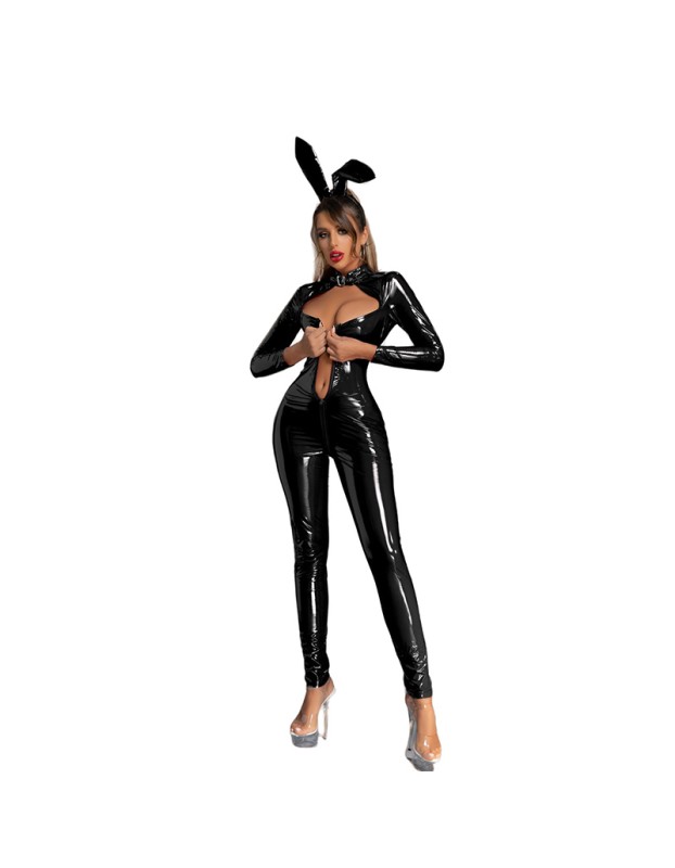 Sexy Open Crotch Women Patent Leather Bright Jumpsuit Sex Uniform 68039