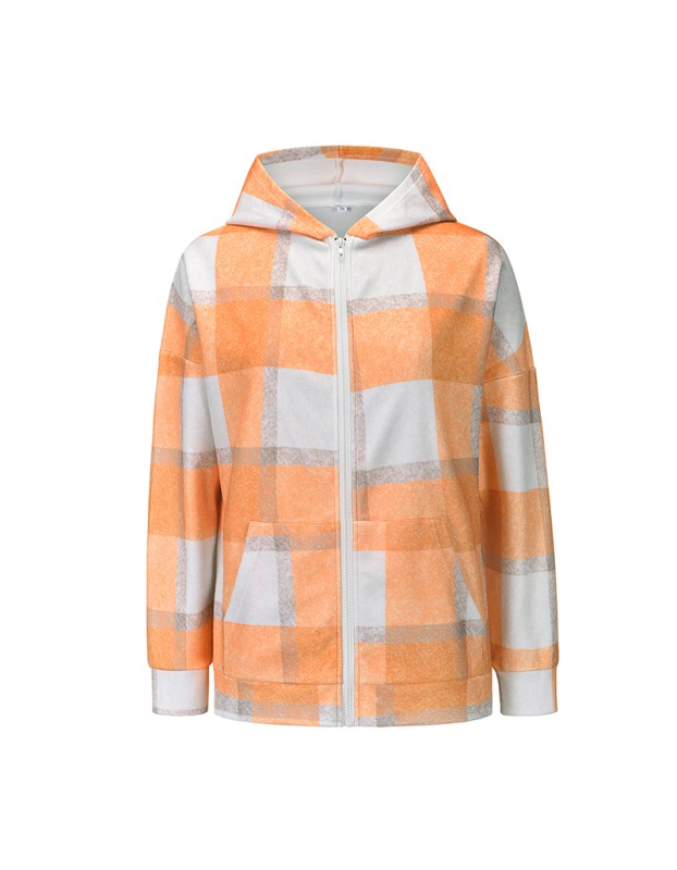 Checked Woolen Cloth Flannel Shirt Zipper Hooded Cardigan Women Coats LQ168