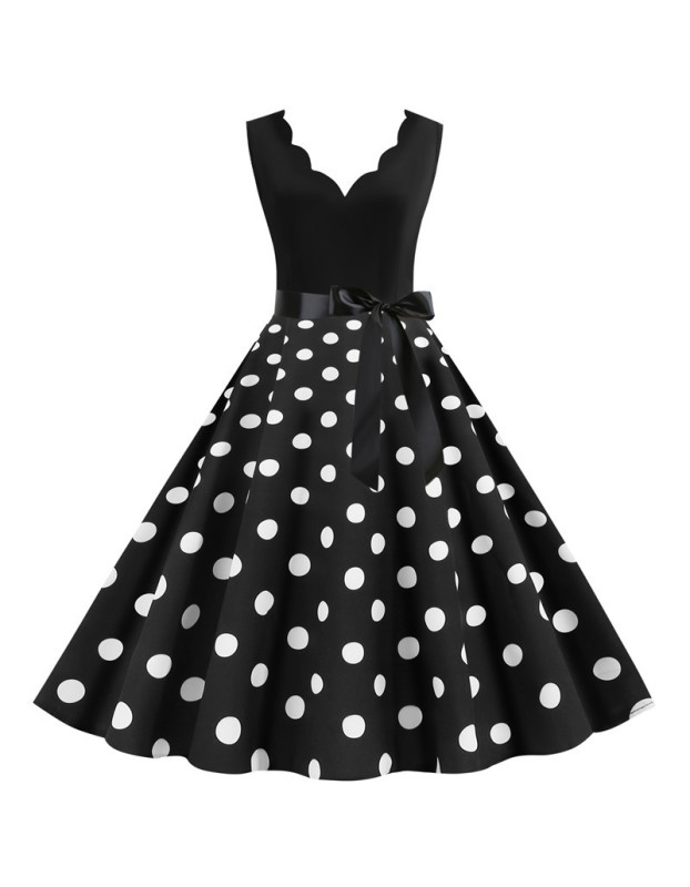 Burnt Polka Print Dot Office Wear Sleeveless V-neck White Dress JY14721