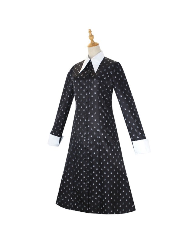 Halloween Wednesday Adams Family Costume Black Print Dress Cosplay YFZ411