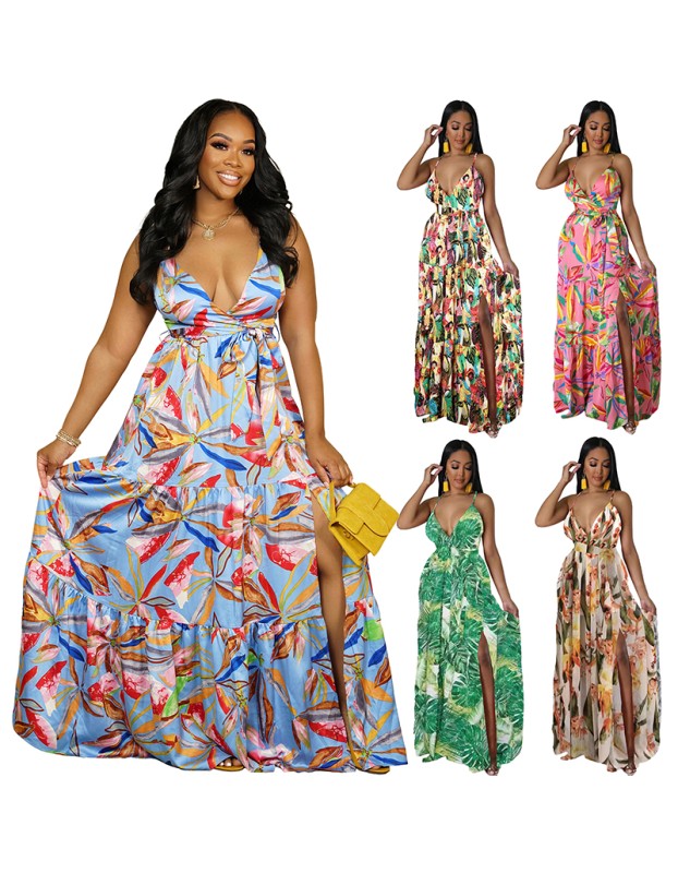 European And American Fashion Women's Print Halter Long Dress 9400