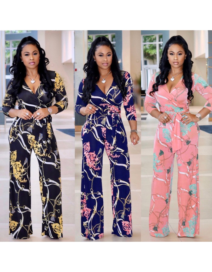 Women fashion three-quarter sleeve sexy v neck print jumpsuit M8228