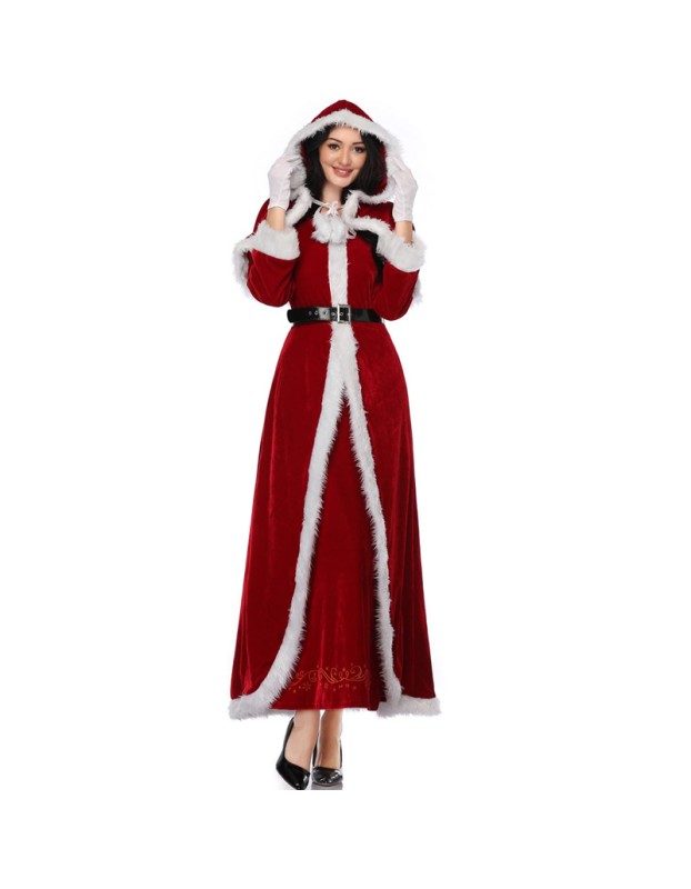 Women Fur Trim Christmas Santa Claus Cloak Xmas Costumes M1194