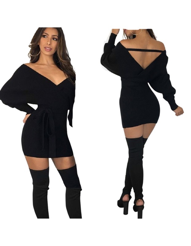 Autumn Winter Off Shoulder Knitted Sweater Dress M8273