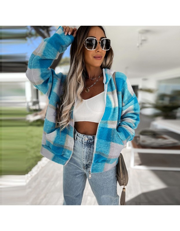 Checked Woolen Cloth Flannel Shirt Zipper Hooded Cardigan Women Coats LQ168