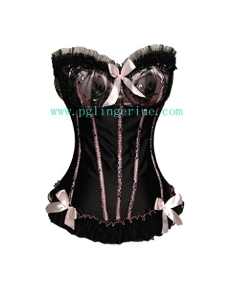 sexy black satin corset with pink strips m1888c