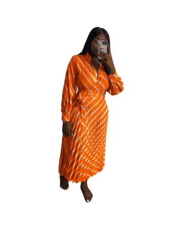 Sexy Women's V-neck Long Sleeve Exquisite Printed Pleated Dress YM8632
