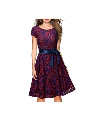 Summer Retro Design Rond Neck Lace Ladies Dress with Satin Belt M17874