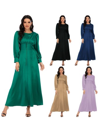 Woman Soft Long Sleeve Shapewear Elegant Satin Maxi Muslim Dress 21412