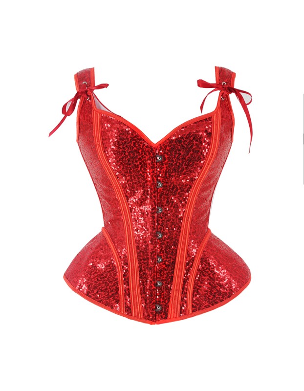 Women Red Sexy Sequin Overbust Corset Tops with Shoulder Straps WK2382