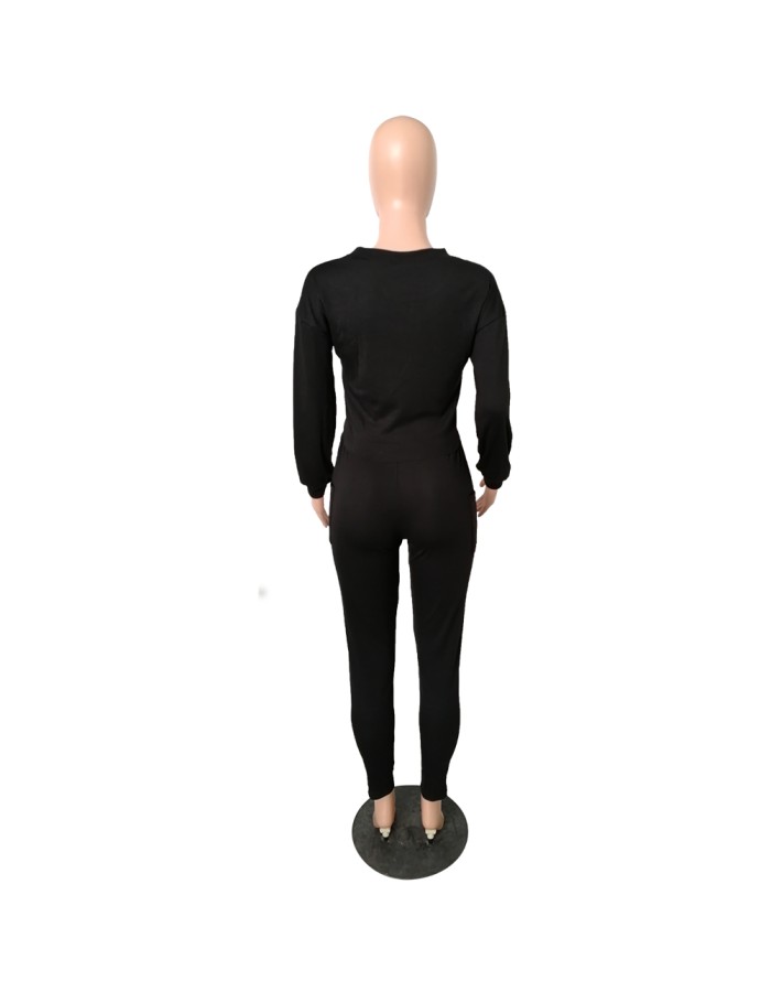 Autumn O-neck Two Pieces Set Long Sleeve Sweatshirt + Pant Suit M8473