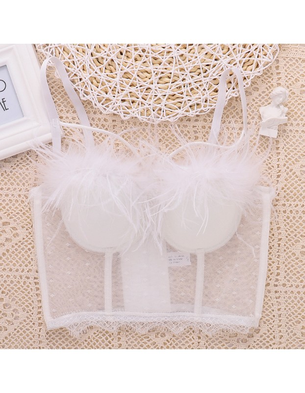 Fashion Lace Mesh Suspender Hollowed Out Vest Sexy Feather Wipe Chest KN8058
