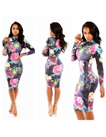 High Neck Printed Bodycon Midi Dress M30052