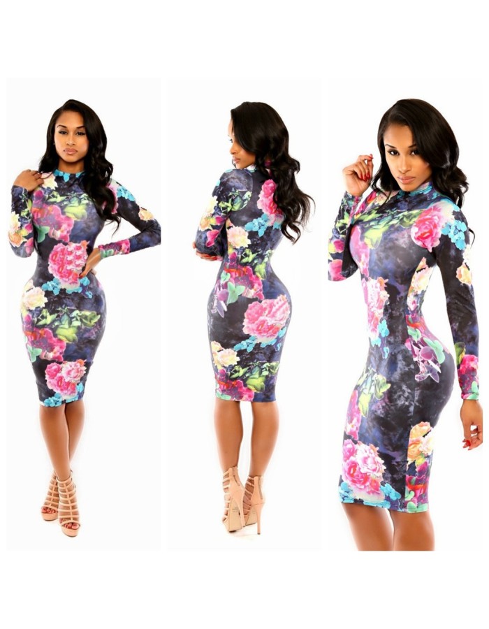 High Neck Printed Bodycon Midi Dress M30052