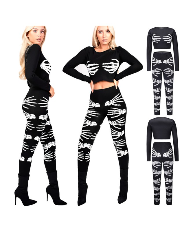 Autumn Sexy Skeleton Print Two Piece Sets for Women Halloween Party Cosplay Costume