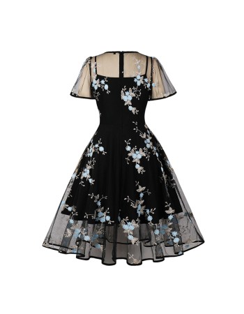 Mesh Patchwork Flying Sleeve Style Swing Mid Length Vintage Dress 5061